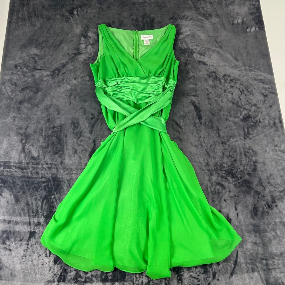 Chadwick's Cocktail Dress Womens 12 Green Satin Ruched Waist Chiffon Sleeveless